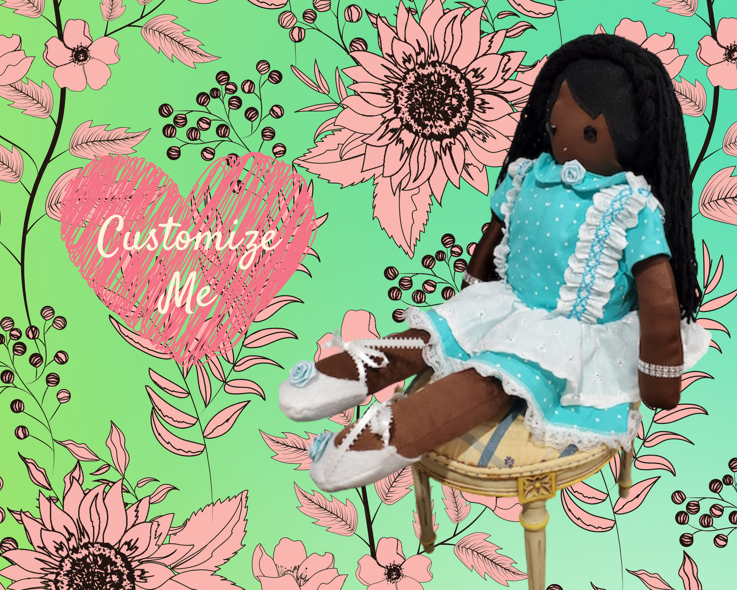 Doll, Handmade Doll and doll clothing in aqua dress
