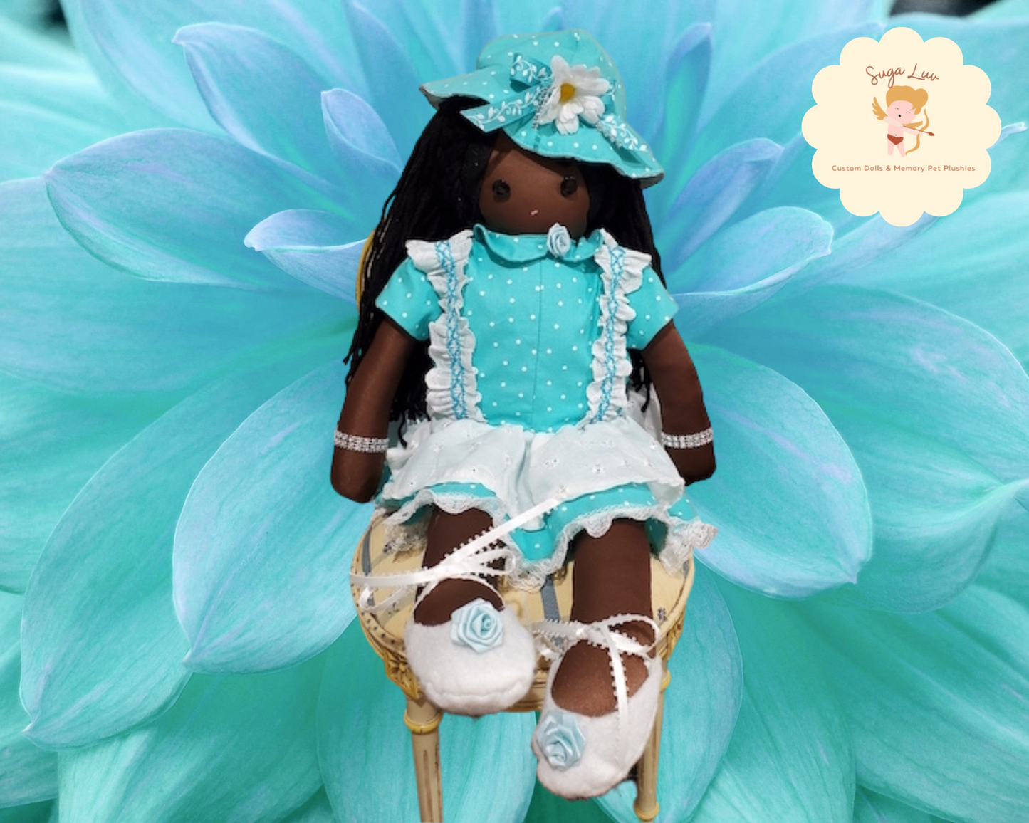 Doll, Handmade Doll and doll clothing in aqua dress