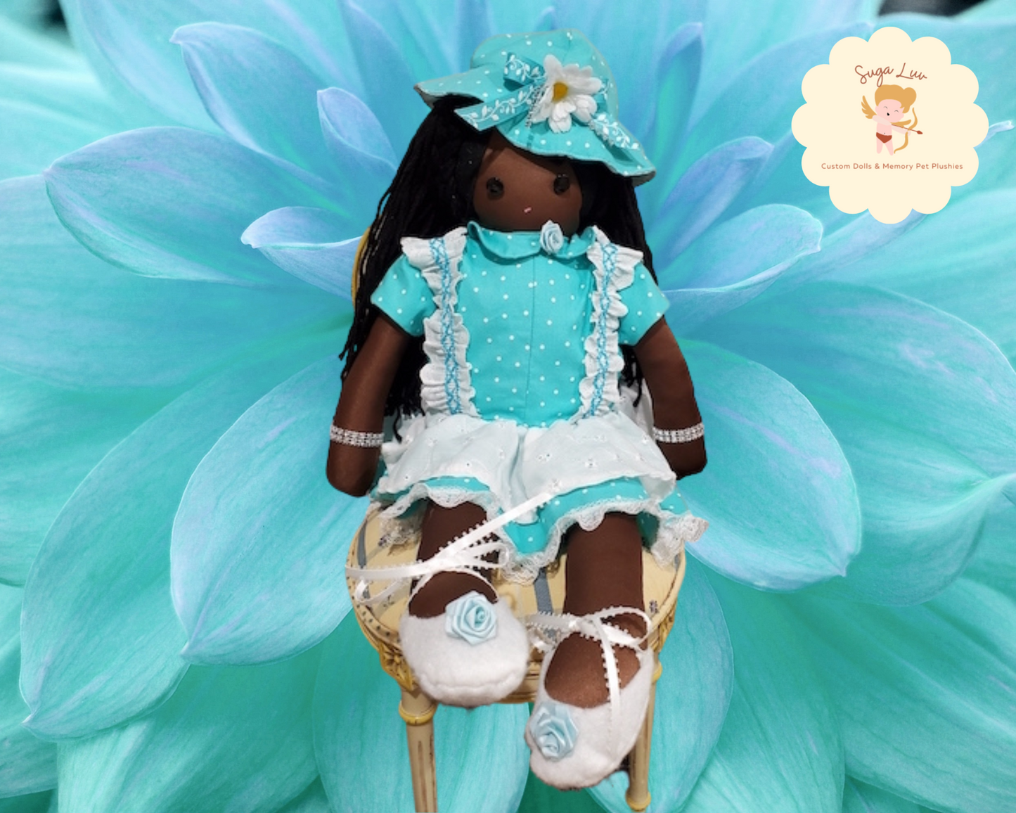 Handmade Doll and doll clothing in aqua dress